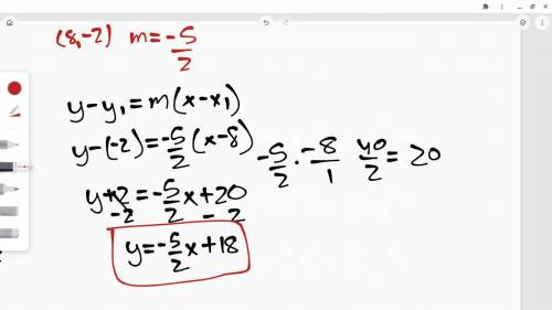 A line passes through the point (8,-2) and has a slope of -5/2. Write an equation in slope intercept