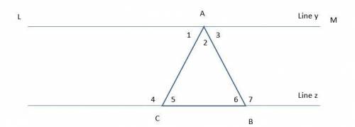 Given: Lines y and z are parallel, and ABC forms a triangle. Prove: m∠5 + m∠2 + m∠6 = 180° Lines y a