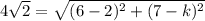 4\sqrt{2} = \sqrt{(6-2)^2 + (7-k)^2}\\