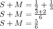 S+M = \frac{1}{2} + \frac{1}{3}\\S+M = \frac{3+2}{6}\\S+M = \frac{5}{6}