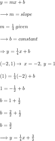y=mx+b\\\\\longrightarrow m=slope\\\\m=\frac{1}{4}\:given\\\\\longrightarrow b= constant\\\\\Rightarrow y=\frac{1}{4}x+b\\\\(-2,1)\rightarrow\:x=-2,\:y=1\\\\(1)=\frac{1}{4}(-2)+b\\\\1=-\frac{1}{2}+b\\\\b=1+\frac{1}{2}\\\\b=\frac{2}{2}+\frac{1}{2}\\\\b=\frac{3}{2}\\\\\Longrightarrow y=\frac{1}{4}x+\frac{3}{2}