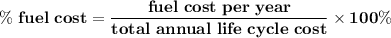 \mathbf{\% \ fuel \ cost = \dfrac{fuel \ cost \ per \ year}{total \ annual \ life \ cycle \ cost }\times 100\%}