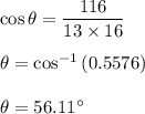 \cos\theta=\dfrac{116}{13\times 16}\\\\\theta=\cos^{-1}\left(0.5576\right)\\\\\theta=56.11^{\circ}