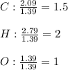 C:\frac{2.09}{1.39}=1.5 \\\\H:\frac{2.79}{1.39}=2\\ \\O:\frac{1.39}{1.39} =1