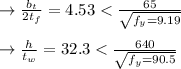 \to \frac{b_t}{2t_f} =4.53 < \frac{65}{\sqrt{f_y = 9.19}}\\\\\to \frac{h}{t_w} =32.3 < \frac{640}{\sqrt{f_y = 90.5}}