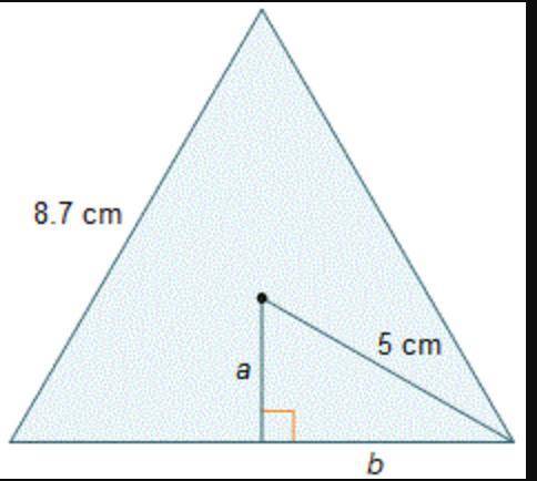 An equilateral triangle with side lengths of 8.7 centimeters is shown. An apothem has a length of a