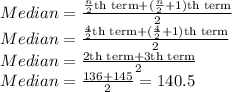 Median = \frac{\frac{n}{2} \text{th term}+(\frac{n}{2}+1) \text{th term}}{2}\\Median = \frac{\frac{4}{2} \text{th term}+(\frac{4}{2}+1) \text{th term}}{2}\\Median = \frac{2 \text{th term}+3 \text{th term}}{2}\\Median = \frac{136+145}{2}=140.5