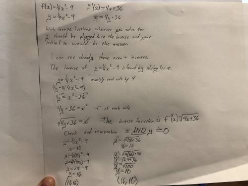 Algebraiclly proof that f(x)=1/4x^2-9 and f^-1(x)=4x+36 are inverses