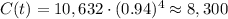 C(t)=10,632\cdot(0.94)^4\approx 8,300