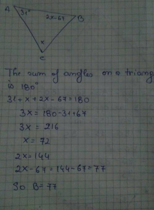 Find the measure of angle B.67 degrees77 degrees12.3 degrees118.3 degrees