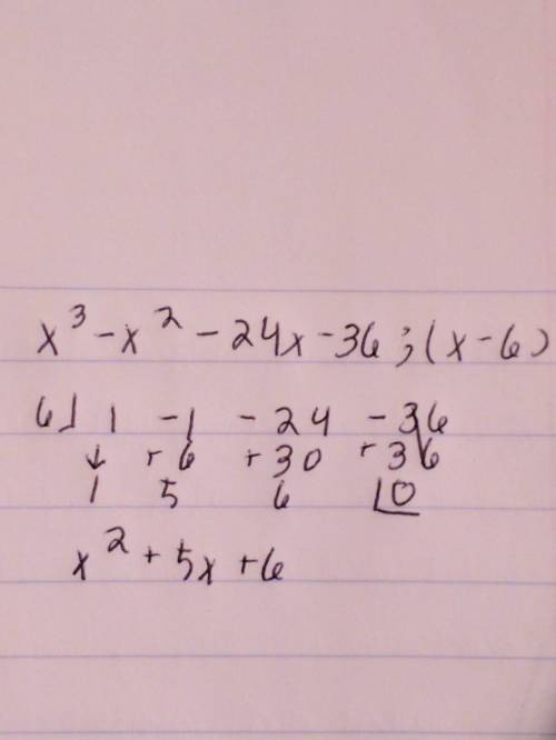 Use synthetic division and the given factor to completely factor the polynomial. x^3-x^2-24x-36; (x-