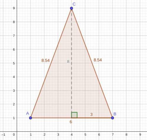 Triangle ABC has vertices A (1,1) B (7,1) C (4,9) (A)Find the perimeter of triangle ABC. (B) Find th