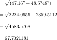 = \sqrt{(47.16^2+48.5748^2)}\\\\= \sqrt{2224.0656 + 2359.5112}\\\\=\sqrt{4583.5768}\\\\=67.7021181