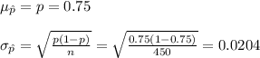 \mu_{\hat p}=p=0.75\\\\\sigma_{\hat p}=\sqrt{\frac{p(1-p)}{n}}=\sqrt{\frac{0.75(1-0.75)}{450}}=0.0204