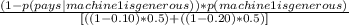 \frac{(1-p(pays|machine 1 is generous))*p(machine 1 is generous)}{[((1-0.10)*0.5)+ ((1-0.20)*0.5)]}