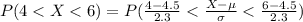 P(4 < X < 6) =  P(  \frac{4 - 4.5}{ 2.3}  < \frac{X - \mu }{\sigma} < \frac{6 - 4.5}{2.3})