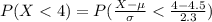 P(X < 4) =  P(\frac{X - \mu }{\sigma} < \frac{4 - 4.5}{ 2.3}   )