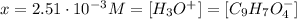 x = 2.51 \cdot 10^{-3} M = [H_{3}O^{+}] = [C_{9}H_{7}O_{4}^{-}]