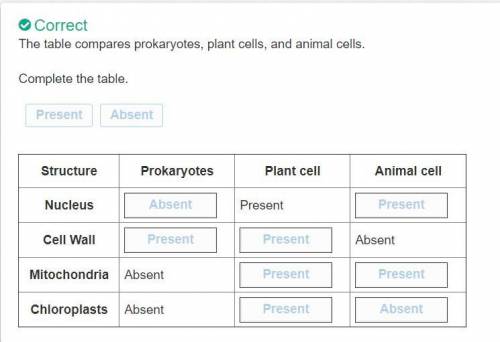The table compares prokaryotes, plant cells, and animal cells

Complete the table.
Present
Absent
St