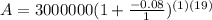 A = 3000000(1 + \frac{-0.08}{1} )^{(1)(19)}