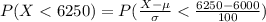P(X < 6250  ) =  P(\frac{ X - \mu}{\sigma } <  \frac{6250 - 6000 }{100}  )
