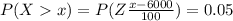 P(X   x) =  P(Z \e \frac{x- 6000}{100}) = 0.05