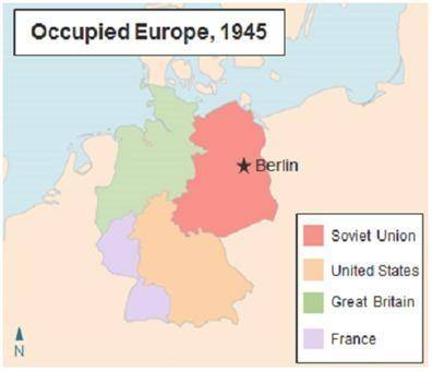 The map below shows Germany after World War II. Map of Germany after World War Two. A key marks Sovi