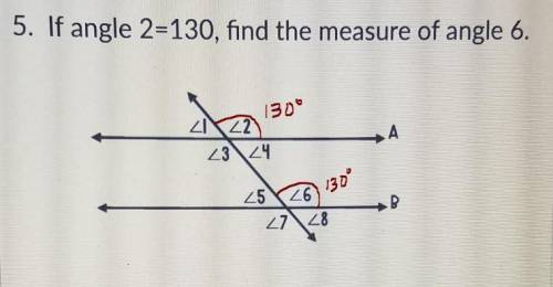 if angle two equals 130 find the measure of angle 6 in the answer is not 130 or 50 wilmart brainiest
