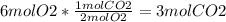 6 molO2*\frac{1molCO2}{2molO2} = 3molCO2