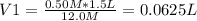 V1 = \frac{0.50M*1.5L}{12.0M} = 0.0625 L