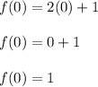 f(0) =2(0)+1\\\\ f(0) = 0+1\\\\ f(0) =1
