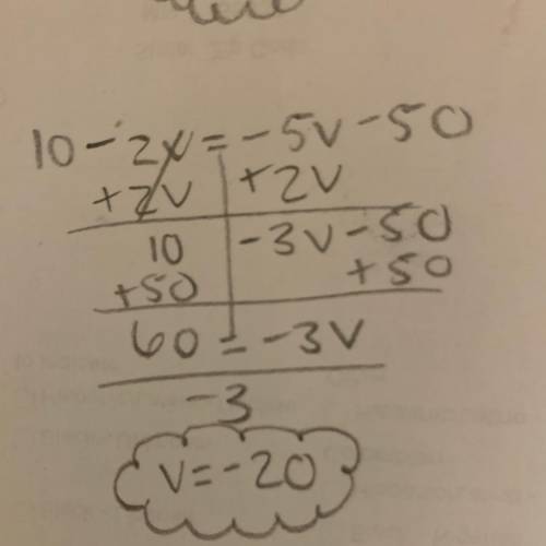 10 – 2v = -5v – 50 what is V