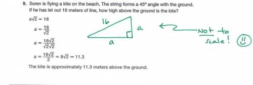 Soren is flying a kite on the beach the String forms a 45 angle with the ground if he has let our 16