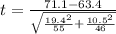 t = \frac{71.1 - 63.4 }{ \sqrt{\frac{19.4^2 }{55}  +\frac{10.5^2 }{46}   } }