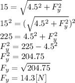 15=\sqrt{4.5^{2}+F_{y}^{2}}\\ 15^{2}= (\sqrt{4.5^{2}+F_{y}^{2}})^{2} \\225 = 4.5^{2}+F_{y} ^{2}\\  F_{y}^{2} =225 -4.5^{2}\\ F_{y}^{2}=204.75\\F_{y}=\sqrt{204.75}\\  F_{y}=14.3 [N]