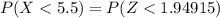 P(X < 5.5) =  P(Z< 1.94915)