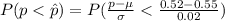 P(p <  \^ p) =  P(\frac{p- \mu}{\sigma }  < \frac{ 0.52- 0.55}{0.02 }   )