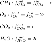 CH_4:f_{CH_4}^{out}=f_{CH_4}^{in}-\epsilon \\\\O_2:f_{O_2}^{out}=f_{O_2}^{in}-2\epsilon\\\\CO_2:f_{CO_2}^{out}=\epsilon\\\\H_2O:f_{H_2O}^{out}=2\epsilon