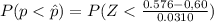 P(p  <  \^p) =  P(Z <  \frac{ 0.576 - 0,60}{ 0.0310} )