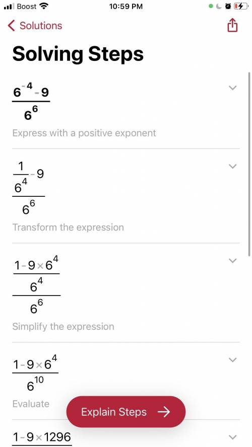 What is the simplified form of this expression (6^-4)-9 over 6^6