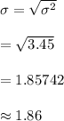 \sigma=\sqrt{\sigma^{2}}\\\\=\sqrt{3.45}\\\\=1.85742\\\\\approx 1.86