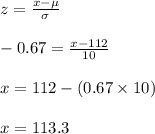 z=\frac{x-\mu}{\sigma}\\\\-0.67=\frac{x-112}{10}\\\\x=112-(0.67\times 10)\\\\x=113.3