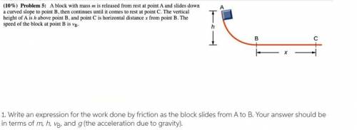 Write an expression for the work done by friction as the block slides from A to B. Your answer shoul