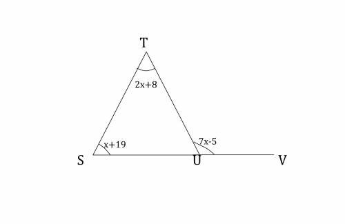 In ΔSTU, \overline{SU} SU is extended through point U to point V, \text{m}\angle STU = (2x+8)^{\circ