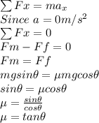 \sum Fx = ma_x\\Since \ a = 0m/s^2\\\sum Fx = 0\\Fm-Ff = 0\\Fm = Ff\\mgsin\theta = \mu mgcos \theta\\sin\theta  = \mu cos\theta\\\mu = \frac{sin\theta}{cos\theta}\\ \mu = tan \theta\\