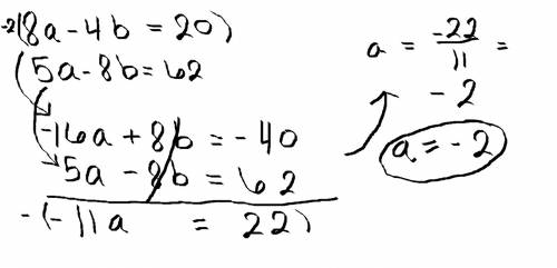 Solve the linear system of equations using the linear combination method. {8a−4b=205a−8b=62