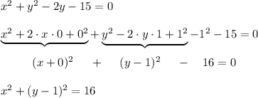 x^2 + y^2 - 2y - 15 = 0\\\\ \underbrace{x^2 + 2\cdot x\cdot0 +0^2} + \underbrace{y^2 - 2\cdot y\cdot1 + 1^2}-1^2 - 15 = 0\\\\{}\qquad\ \ (x+0)^2\quad\ +\ \quad(y-1)^2\quad\ -\quad16=0\\\\x^2+(y-1)^2=16