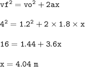 \tt vf^2=vo^2+2ax\\\\4^2=1.2^2+2\times 1.8\times x\\\\16=1.44+3.6x\\\\x=4.04~m