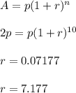 A=p(1+r)^n \\\\ 2p = p(1+r)^{10} \\\\r=0.07177\\\\r=7.177%