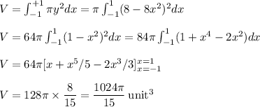 V = \int_{-1}^{+1} \pi y^2 dx = \pi\int_{-1}^{1} (8-8x^2)^2dx\\\\V = 64\pi\int_{-1}^{1} (1-x^2)^2dx = 84\pi\int_{-1}^{1} (1+ x^4 - 2x^2)dx \\\\V =  64\pi[x+ x^5/5 - 2x^3/3]_{x=-1}^{x=1} \\\\V = 128\pi \times \dfrac{8}{15} = \dfrac{1024\pi}{15} \: \rm unit^3